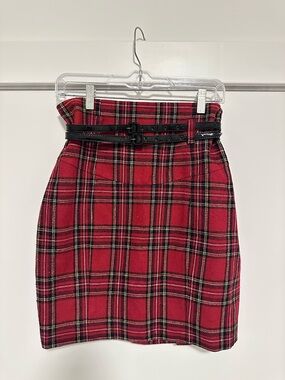 Betsy Johnson Red Plaid High-Waist Mini Skirt with Double Belt